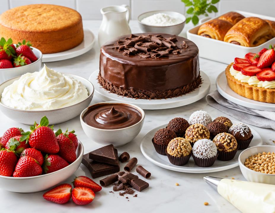 Ingredientes e doces organizados na confeitaria