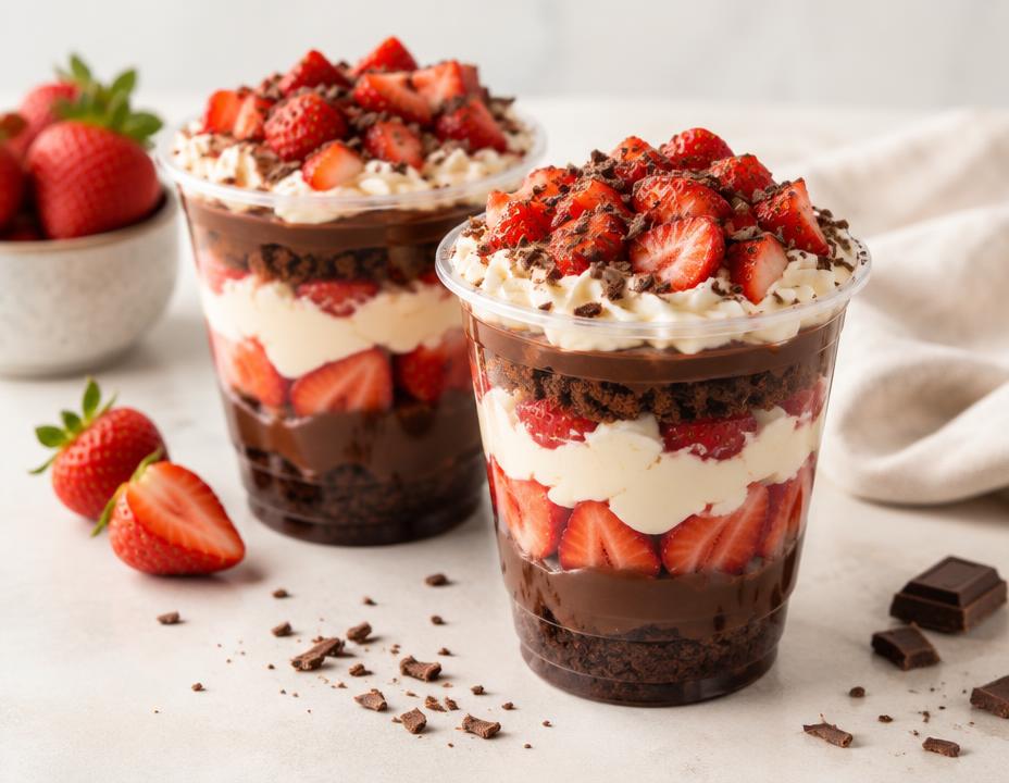 Copos de sobremesa artesanal com morango e chocolate